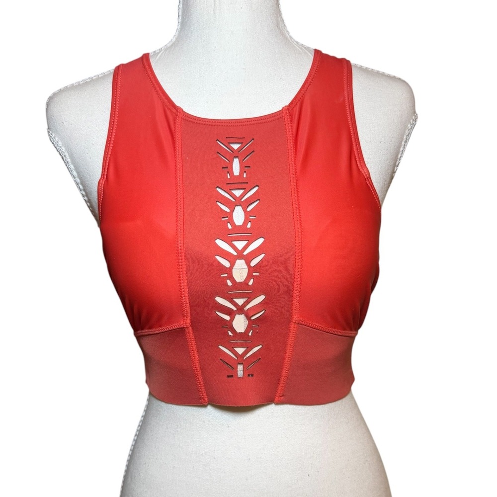Nani Swimwear Coral Orange Laser Cut High Neck Crop Bikini Top XS Back Zip